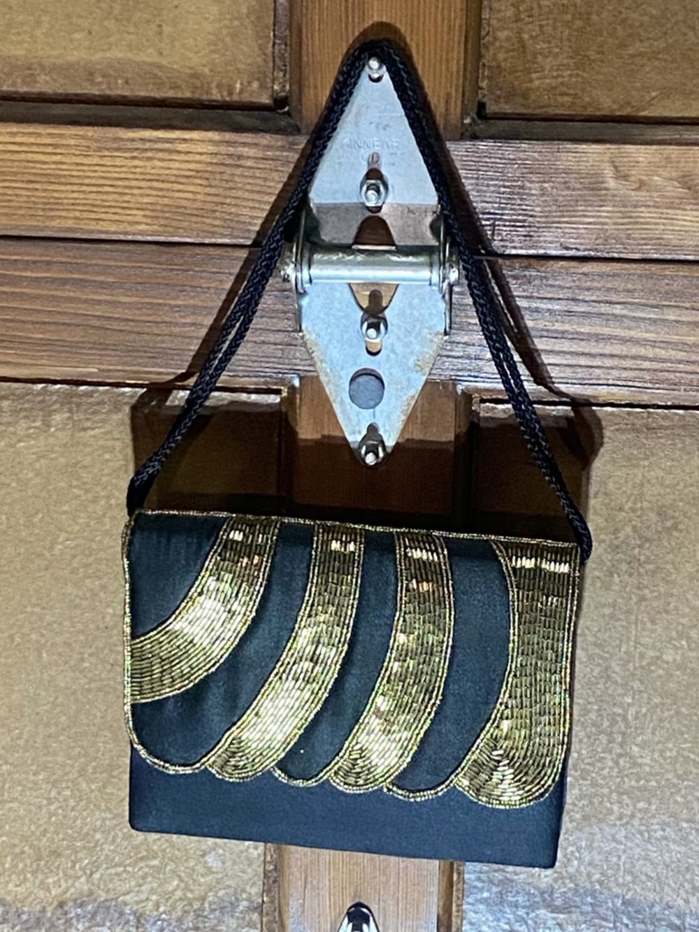 Black Evening Clutch with Gold Sequin Wave Design